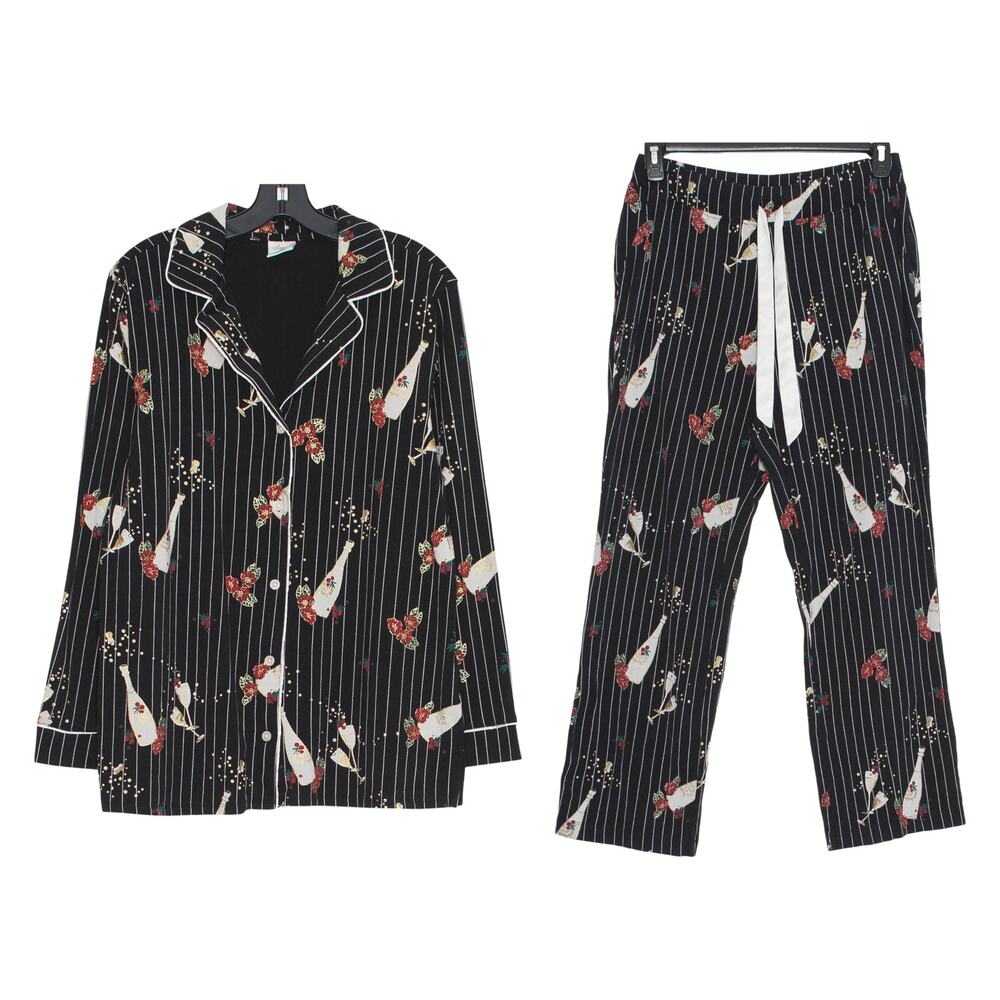 Soma Pajama Set Black Pinstripe Champagne Stripe Coquette Girly Glam Parisian L